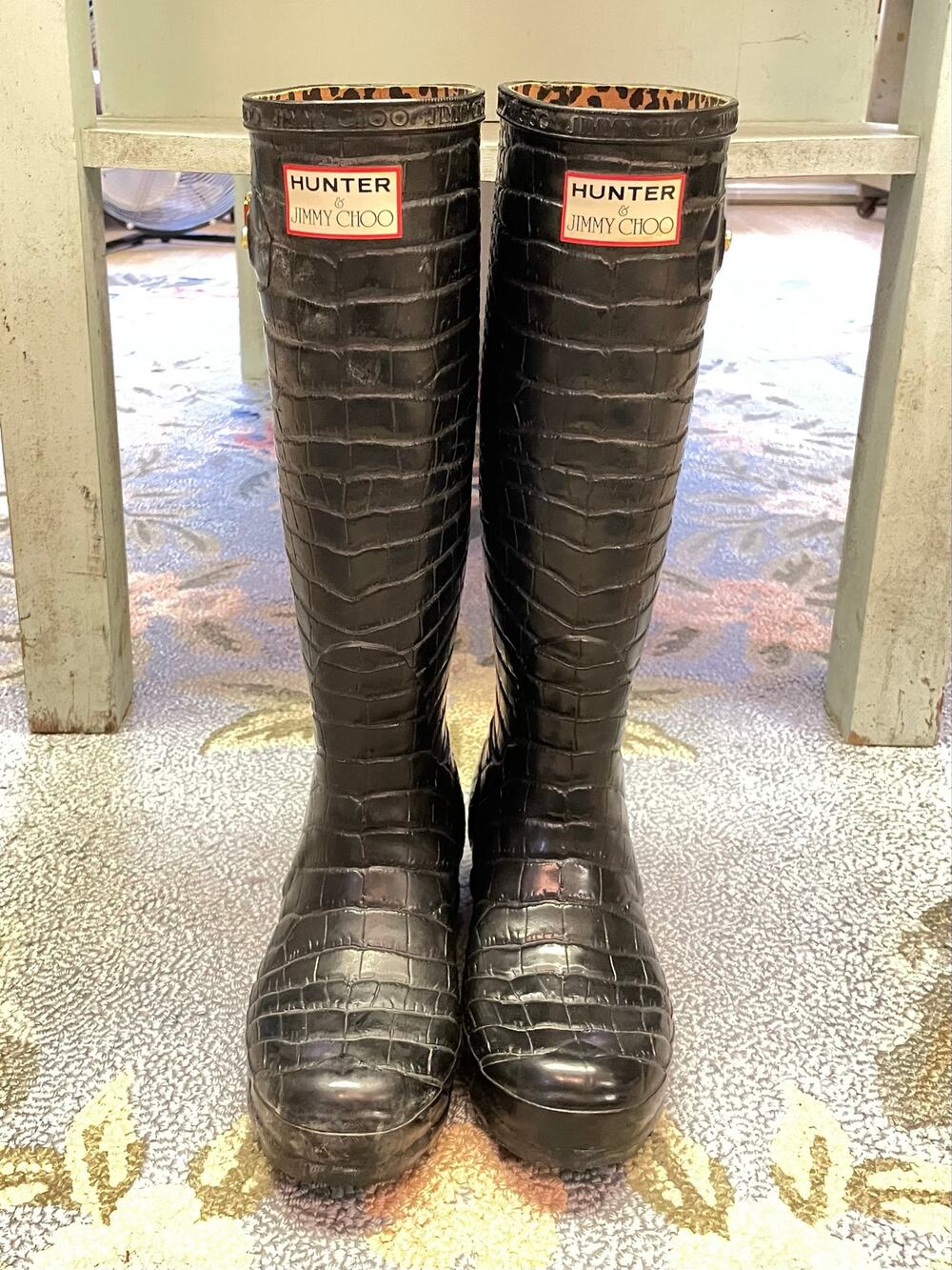 HUNTER X JIMMY CHOO Black Wellington Tall Rubber Rain Boots Croc Embossed Size 5